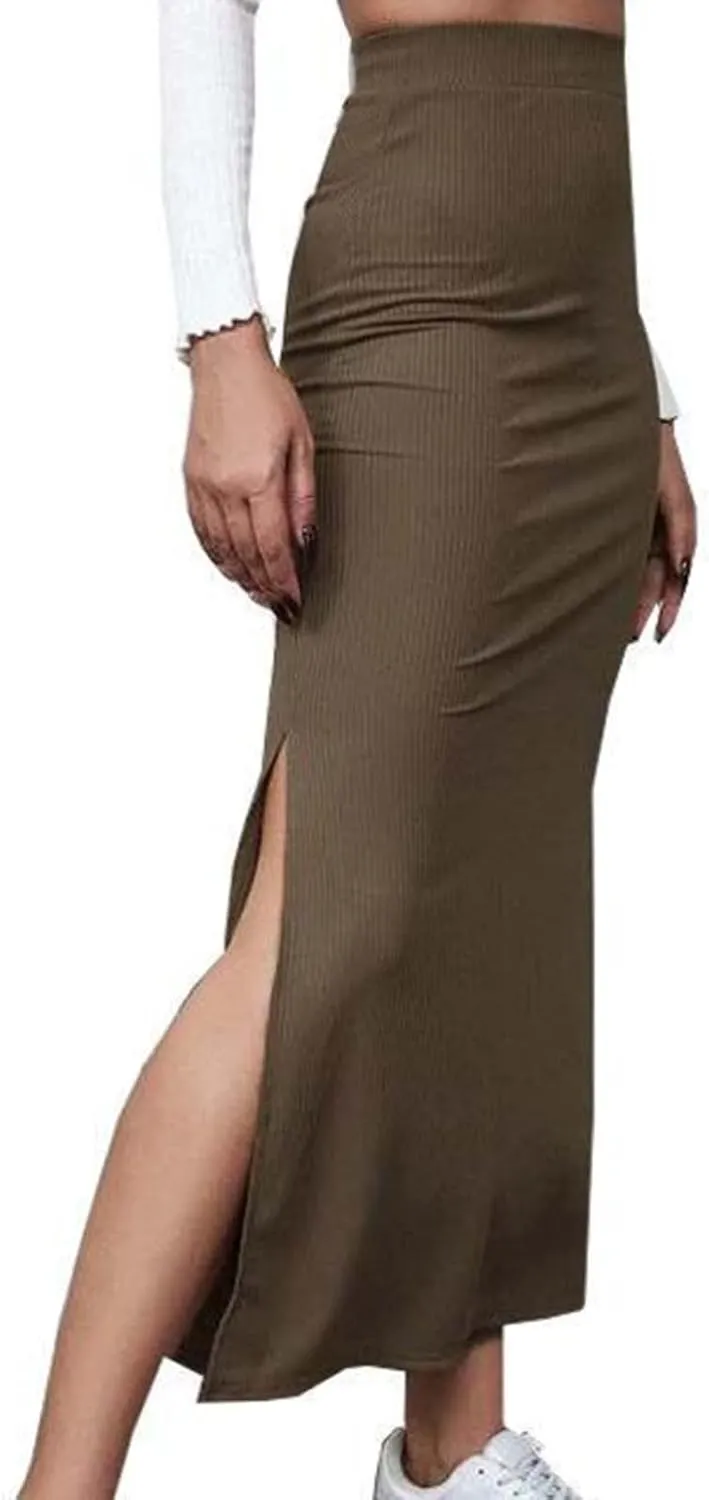 Womens Skirts Midi Length Solid Color Hip-Wrapped Split Skirt Sexy Elasticity Bodycon Skirts Trendy Elegant Skirt