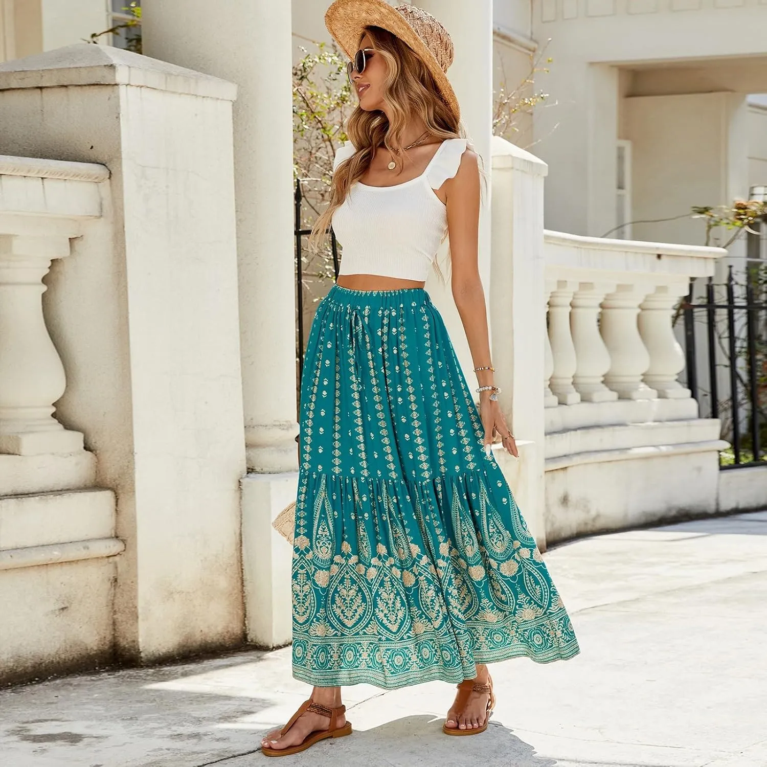 Womens Skirts, Tropical Flowy Maxi Skirts for Women 2025 Trendy Wrap Tiered Long Boho Skirt Spring Summer