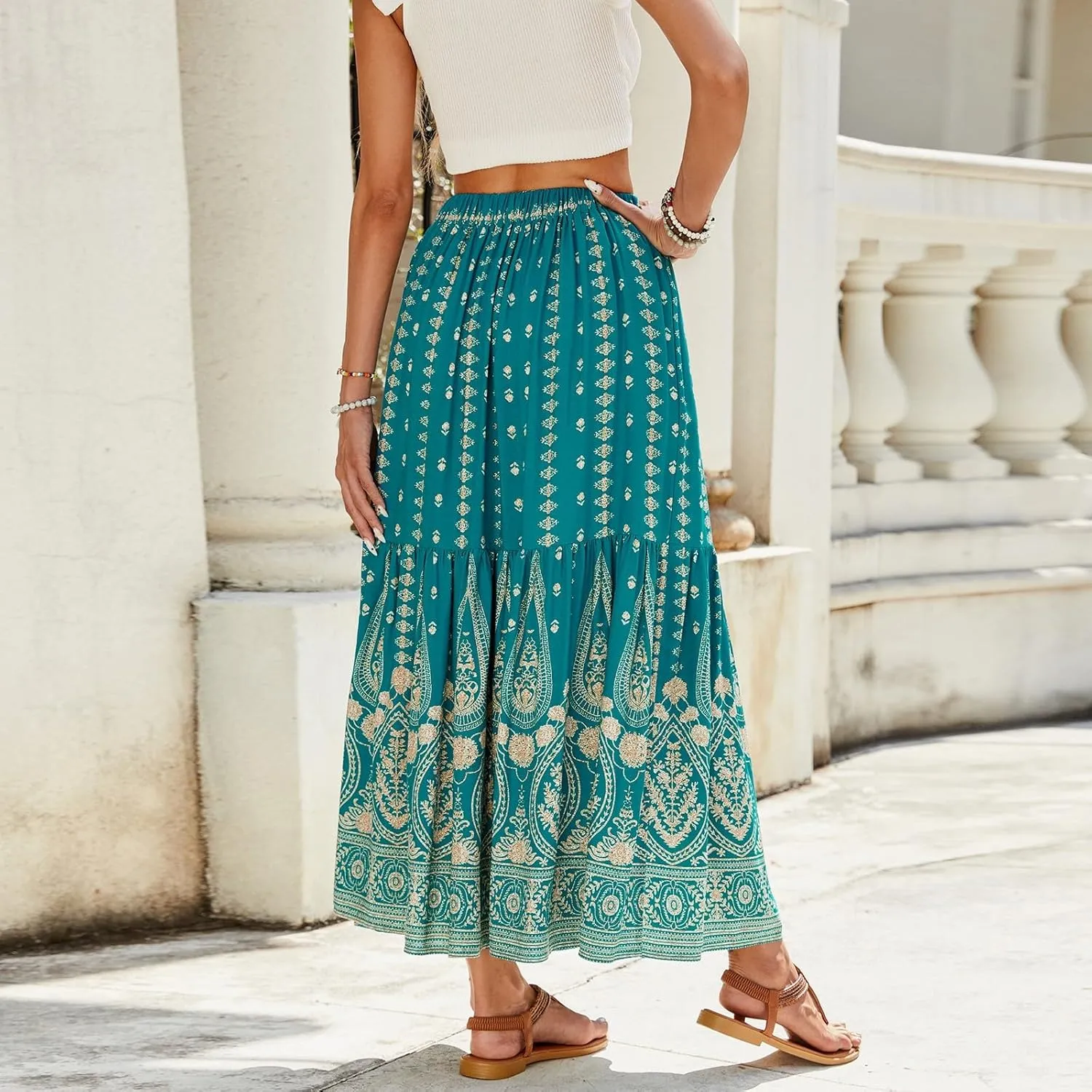 Womens Skirts, Tropical Flowy Maxi Skirts for Women 2025 Trendy Wrap Tiered Long Boho Skirt Spring Summer