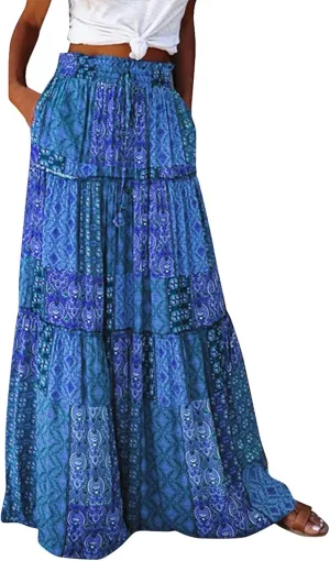Women's Skirts Womens Summer Paisley Print Maxi Skirt Casual Elastic High Waist Pleated Ruffle Flowy Long Skirts