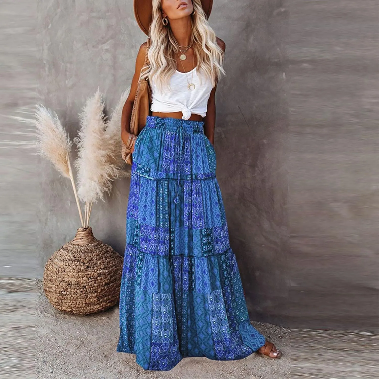 Women's Skirts Womens Summer Paisley Print Maxi Skirt Casual Elastic High Waist Pleated Ruffle Flowy Long Skirts