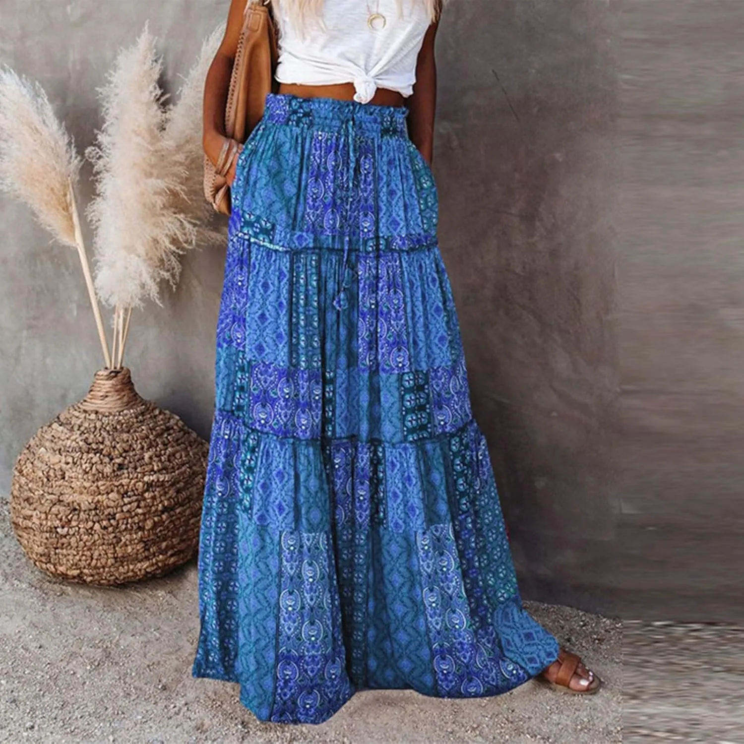 Women's Skirts Womens Summer Paisley Print Maxi Skirt Casual Elastic High Waist Pleated Ruffle Flowy Long Skirts