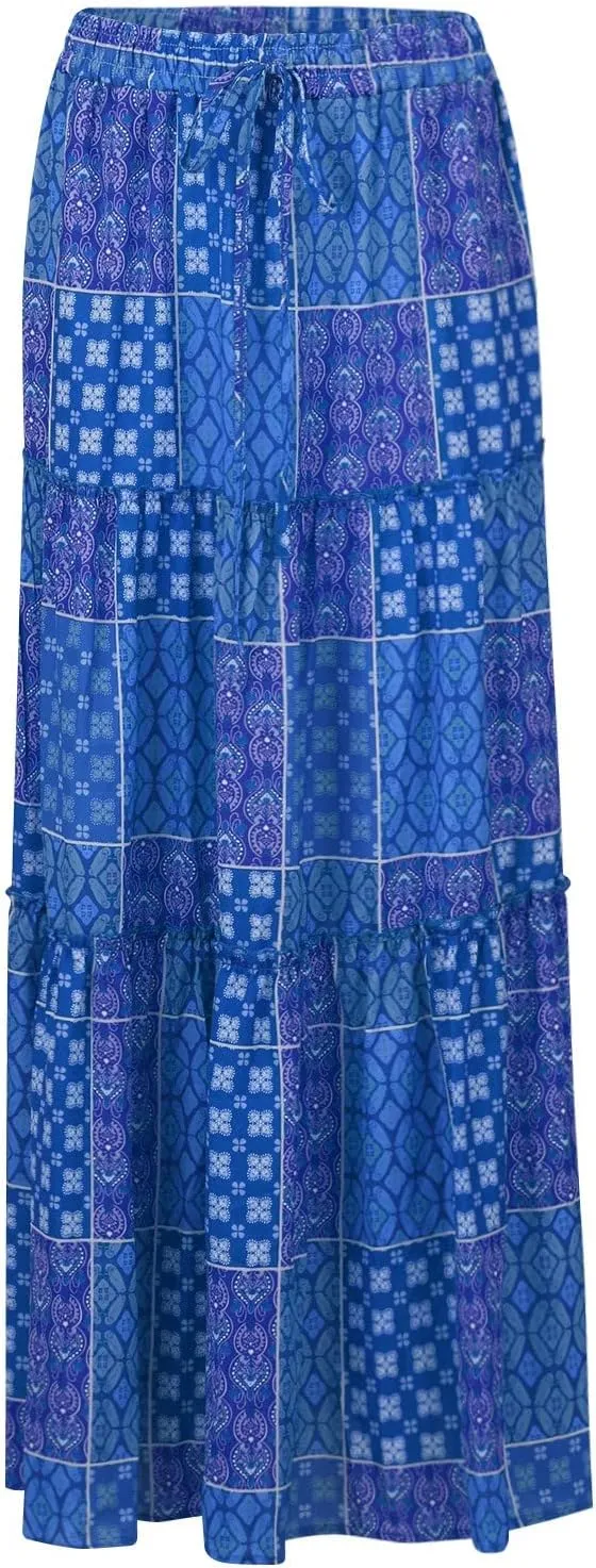 Women's Skirts Womens Summer Paisley Print Maxi Skirt Casual Elastic High Waist Pleated Ruffle Flowy Long Skirts
