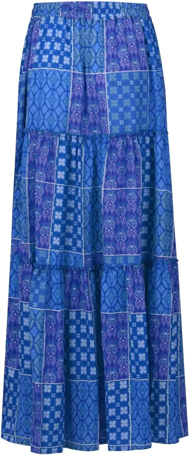 Women's Skirts Womens Summer Paisley Print Maxi Skirt Casual Elastic High Waist Pleated Ruffle Flowy Long Skirts