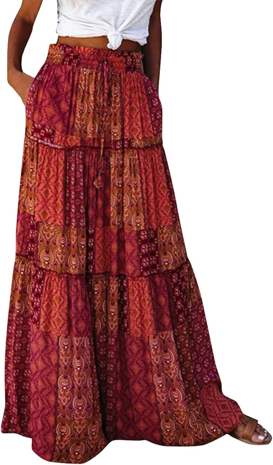 Women's Skirts Womens Summer Paisley Print Maxi Skirt Casual Elastic High Waist Pleated Ruffle Flowy Long Skirts