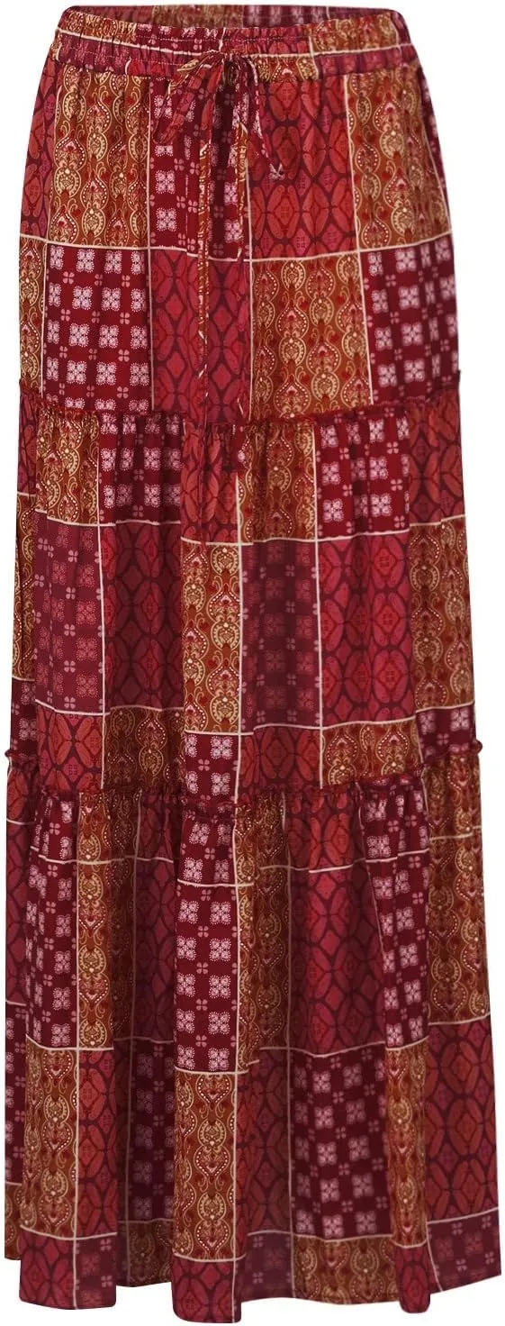 Womens Skirts,Boho Ruffle Hem Flowy Maxi Skirts for Women Trendy 2025 Summer Vacation Elastic High Waist Drawstring