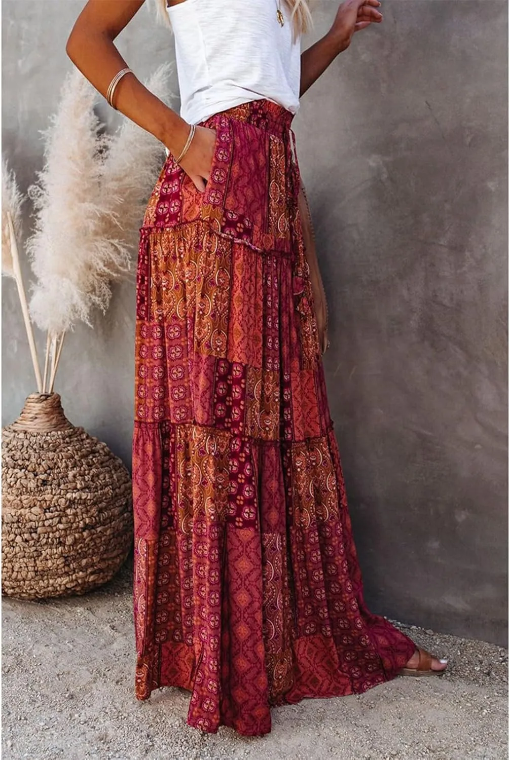 Womens Skirts,Boho Ruffle Hem Flowy Maxi Skirts for Women Trendy 2025 Summer Vacation Elastic High Waist Drawstring