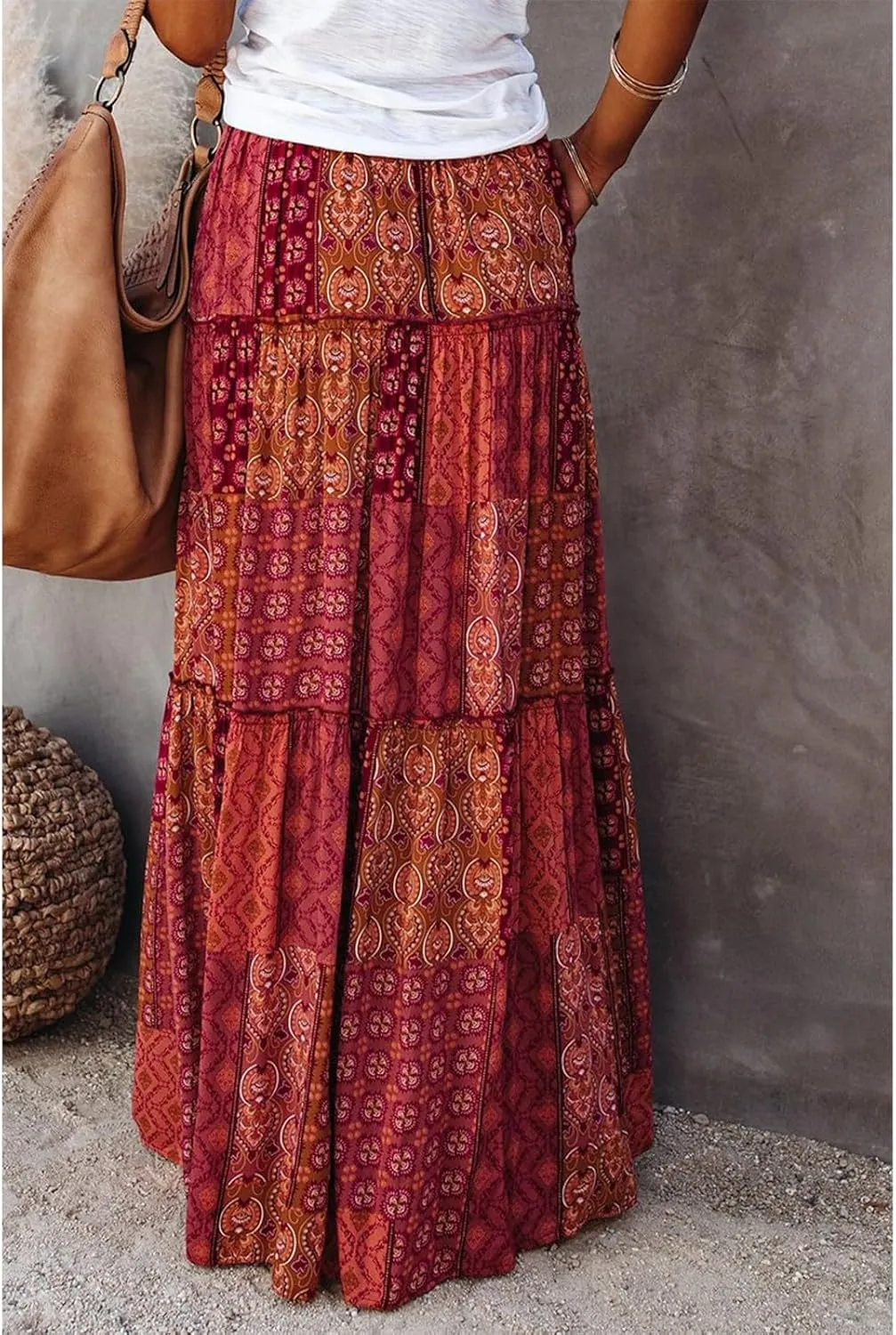 Womens Skirts,Boho Ruffle Hem Flowy Maxi Skirts for Women Trendy 2025 Summer Vacation Elastic High Waist Drawstring