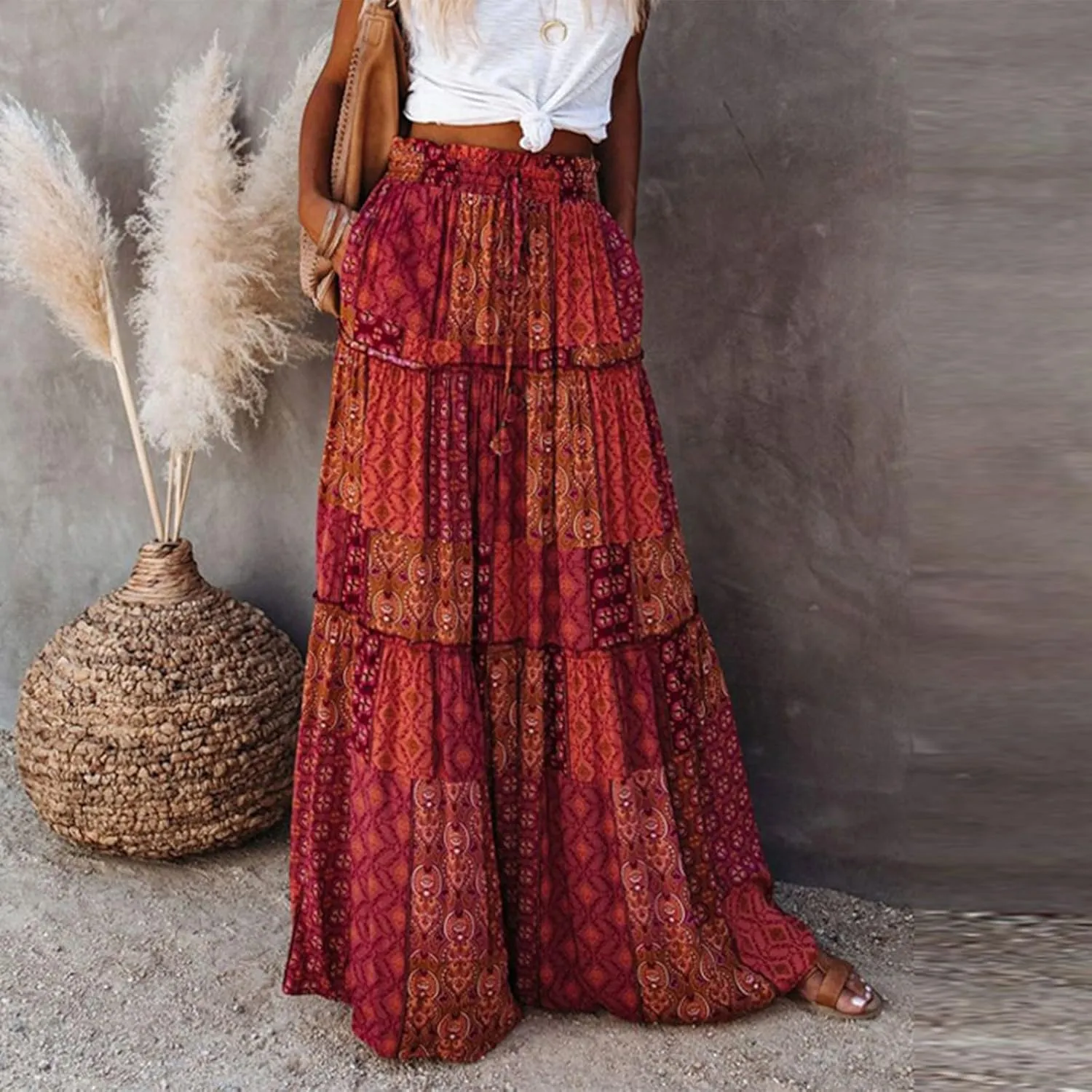 Womens Skirts,Boho Ruffle Hem Flowy Maxi Skirts for Women Trendy 2025 Summer Vacation Elastic High Waist Drawstring