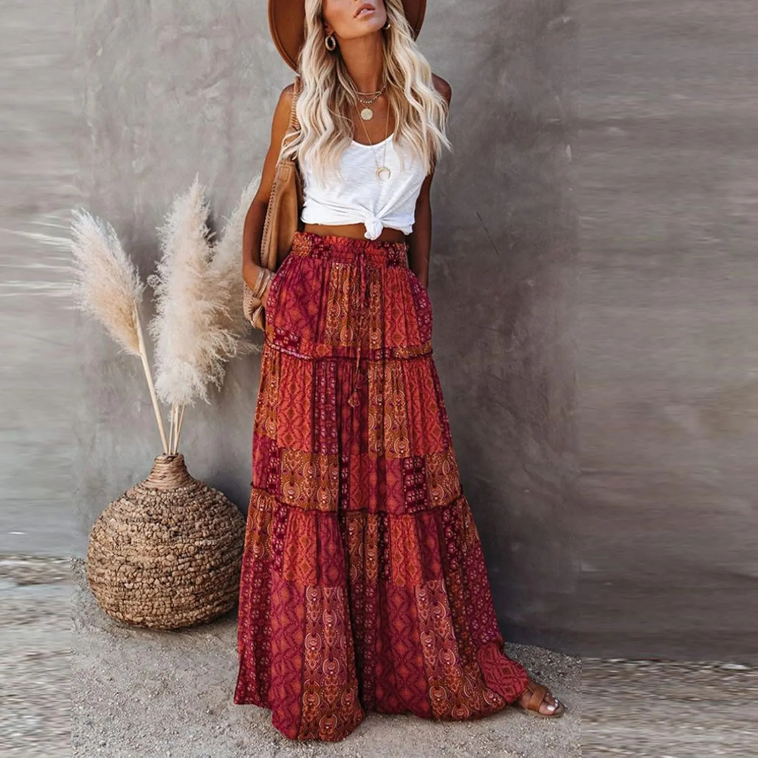 Womens Skirts,Boho Ruffle Hem Flowy Maxi Skirts for Women Trendy 2025 Summer Vacation Elastic High Waist Drawstring