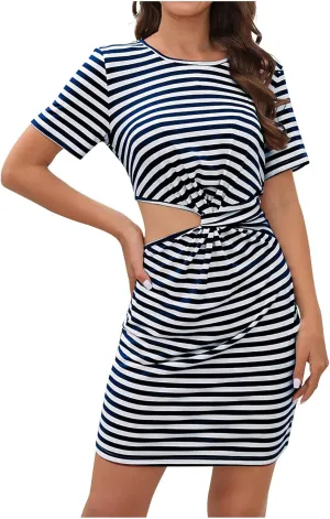 Womens Summer Bodycon Dress Casual Striped Side Slit Dress Elegant Party Dresses Going Out Hollow Buttock Skirt
