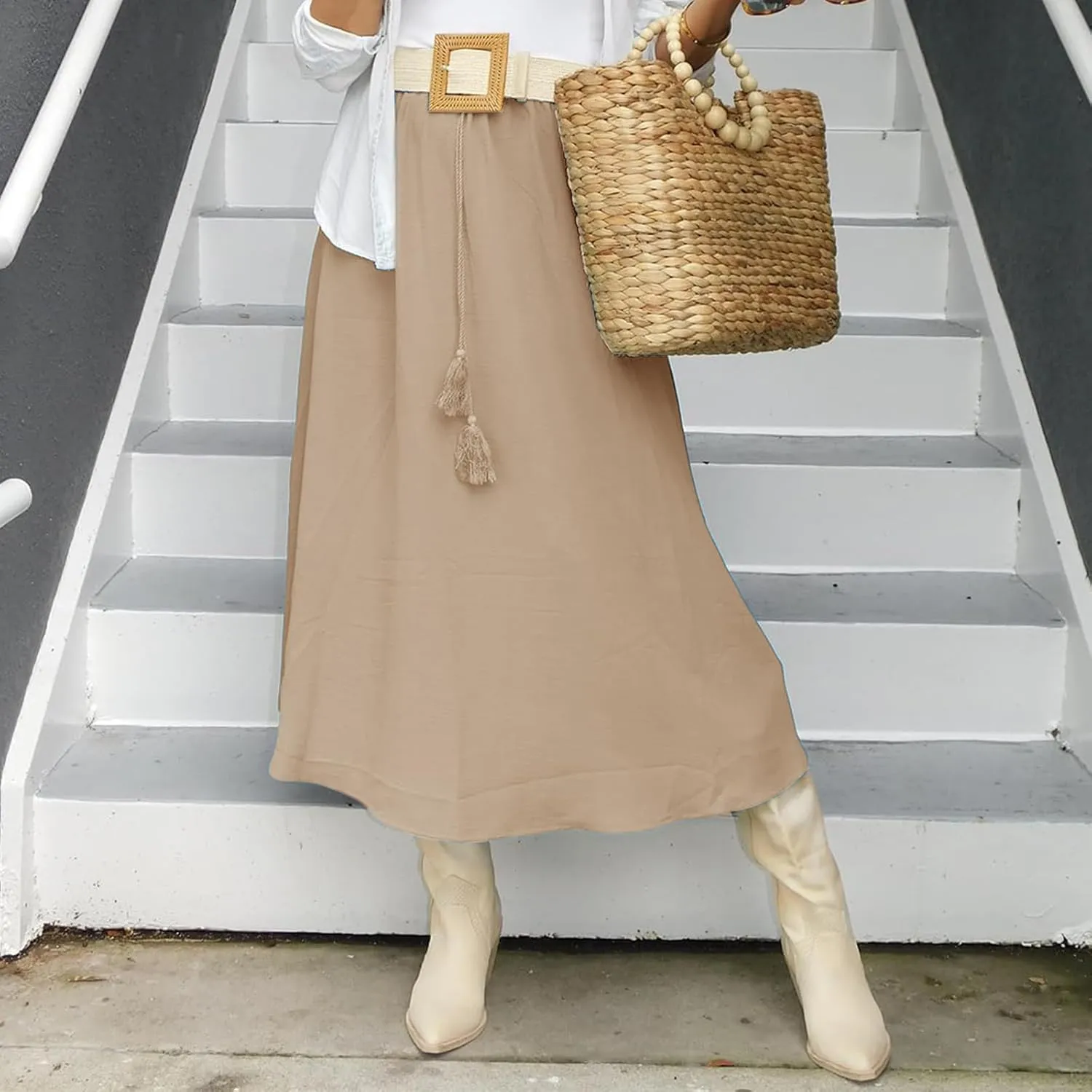 Womens Summer Boho Maxi Skirt Casual Comfy Elastic Waisted Skirts A-Line Flowy Ruffle Tiered Skirts