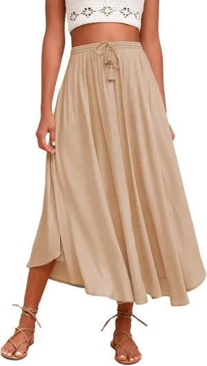 Womens Summer Boho Maxi Skirt Casual Comfy Elastic Waisted Skirts A-Line Flowy Ruffle Tiered Skirts