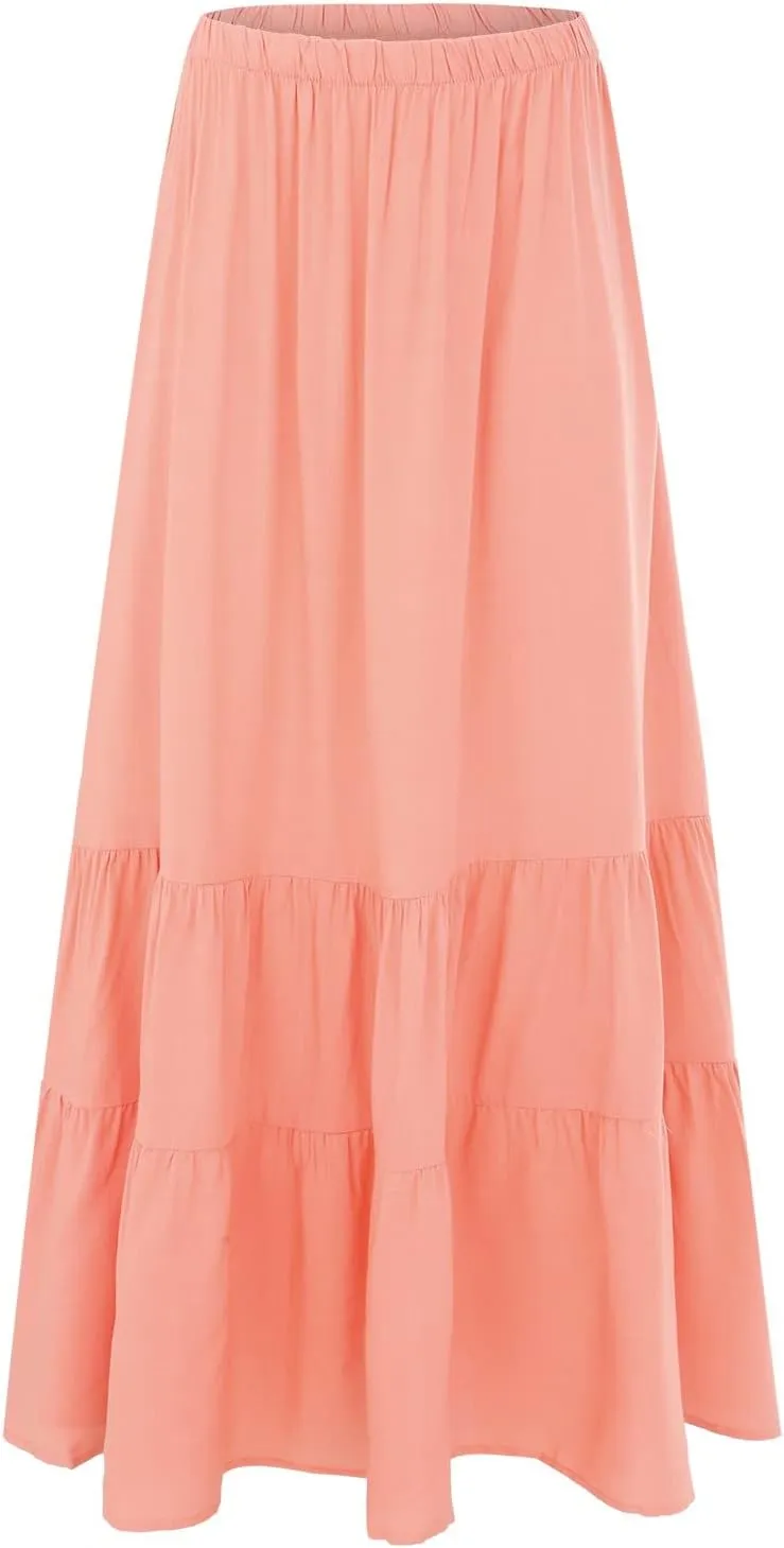 Womens Summer Boho Pleated A-Line Flowy Swing Tiered Beach Skirt 2024 Trendy Ruffle Maxi Skirt with Pockets