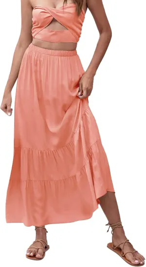 Womens Summer Boho Pleated A-Line Flowy Swing Tiered Beach Skirt 2024 Trendy Ruffle Maxi Skirt with Pockets