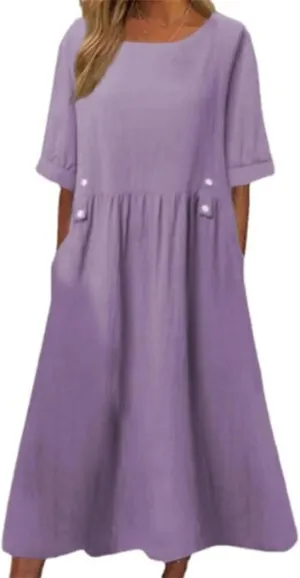 Women's Summer Cotton Linen Casual Midi Dress Plus Size Short Sleeve Flowy Beach Long Dresses Vacation Party Dresses