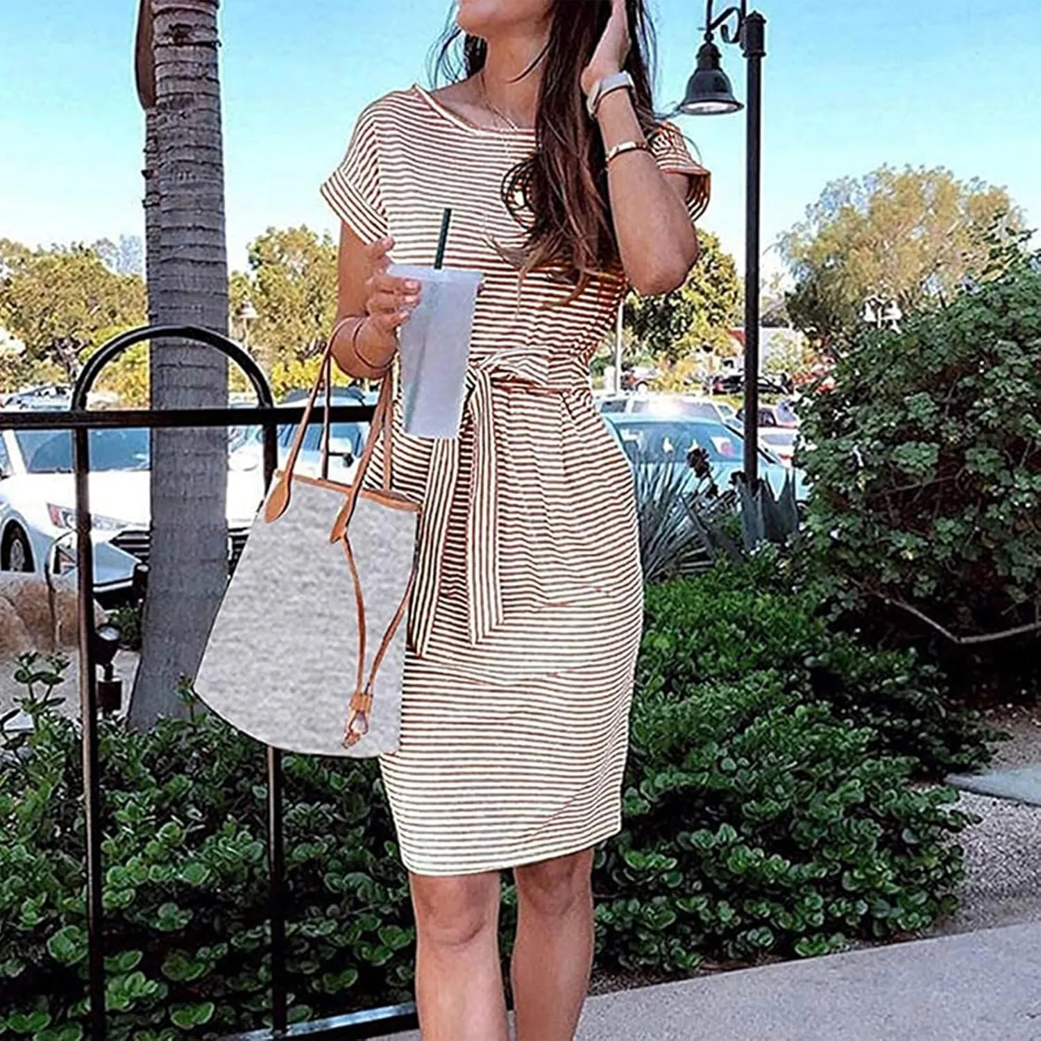 Women's Summer Dresses 2025 Trendy Crewneck Short Sleeve Midi T Shirt Dress Tie Waist Striped Tunic Dress with Pocket