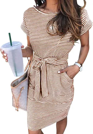 Women's Summer Dresses 2025 Trendy Crewneck Short Sleeve Midi T Shirt Dress Tie Waist Striped Tunic Dress with Pocket