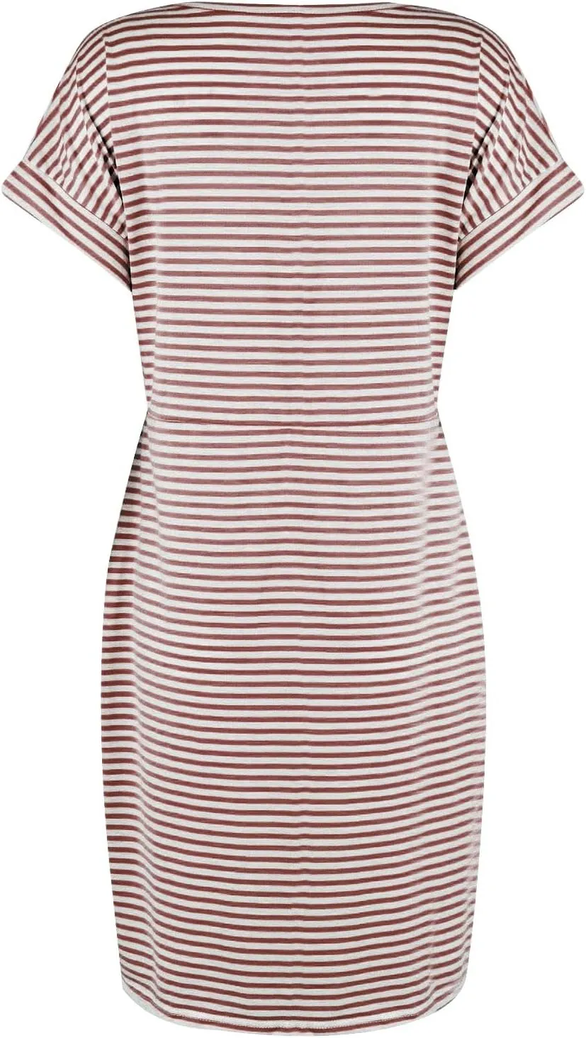 Women's Summer Dresses 2025 Trendy Crewneck Short Sleeve Midi T Shirt Dress Tie Waist Striped Tunic Dress with Pocket