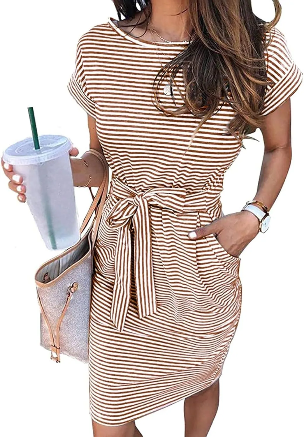 Women's Summer Dresses 2025 Trendy Crewneck Short Sleeve Midi T Shirt Dress Tie Waist Striped Tunic Dress with Pocket