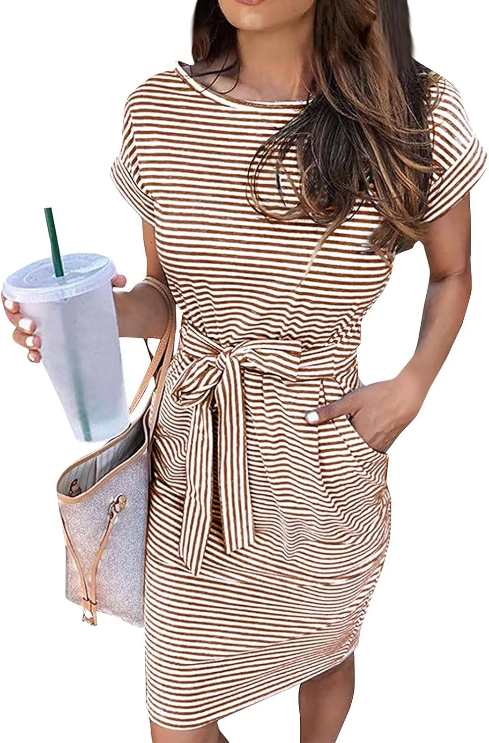 Women's Summer Dresses 2025 Trendy Crewneck Short Sleeve Midi T Shirt Dress Tie Waist Striped Tunic Dress with Pocket