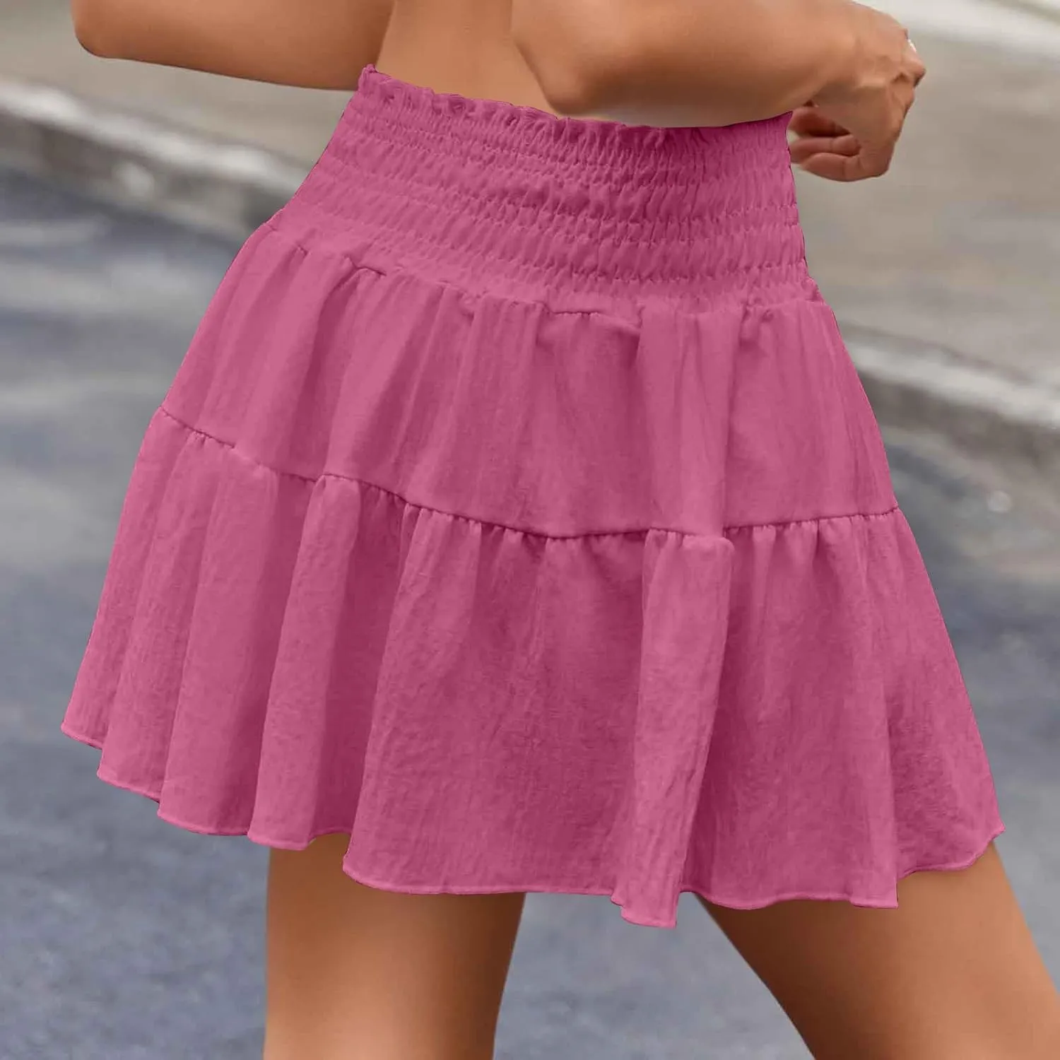 Womens Summer Skirts High Waisted Ruffle Mini Skirt Flowy A Line Skirt Pleated Elastic Waist Skirts Vacation Clothes
