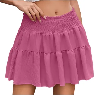 Womens Summer Skirts High Waisted Ruffle Mini Skirt Flowy A Line Skirt Pleated Elastic Waist Skirts Vacation Clothes