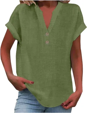 Womens Summer Solid Color Collar Button Short Sleeve Shirt Tee