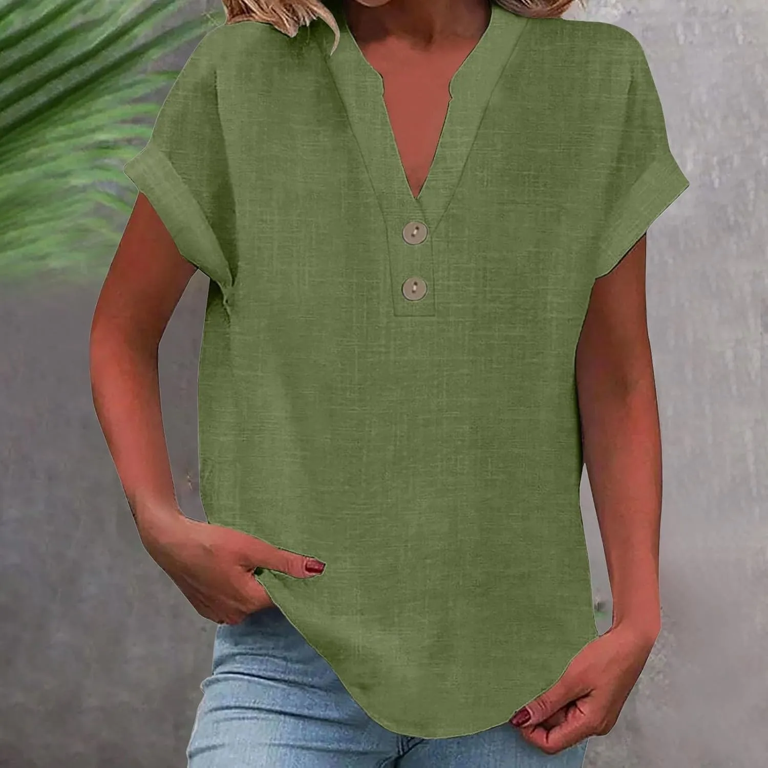 Womens Summer Solid Color Collar Button Short Sleeve Shirt Tee