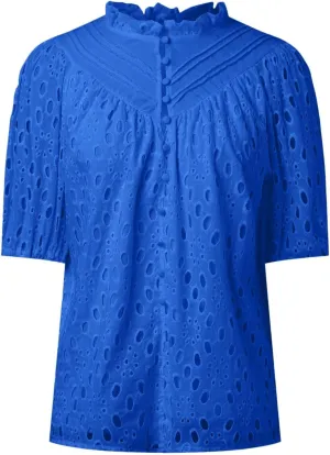 Women's Summer Tops 2025 Dressy Casual Lantern Short Sleeve V Neck Buttons Hollow Out Lace Embroidered Blouses Shirts Blue