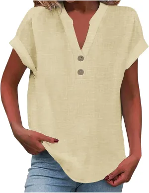 Womens Summer Tops Dressy Casual Linen Shirts Button Short Sleeve Blouse Loose Fit V Neck Work Henley Tshirt