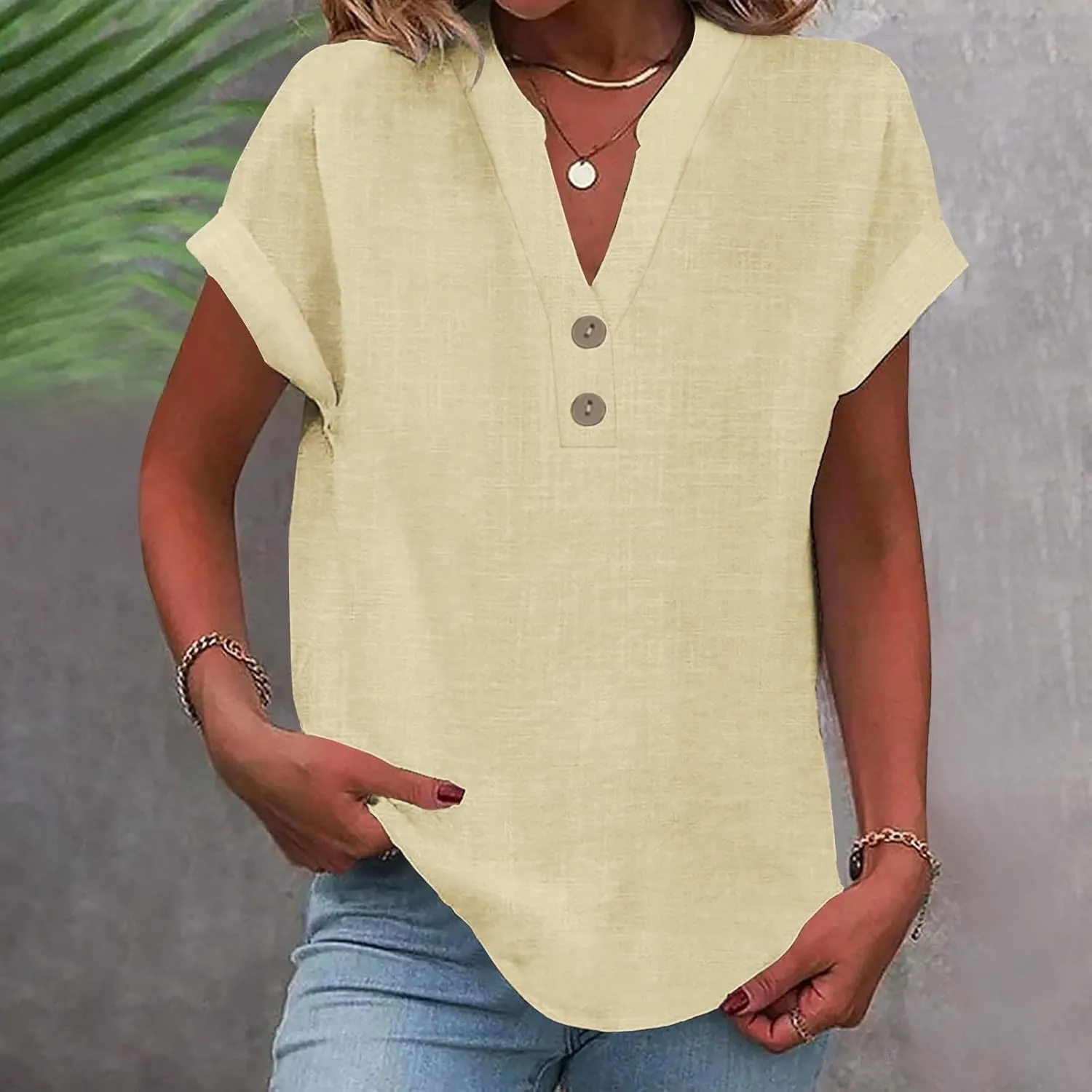 Womens Summer Tops Dressy Casual Linen Shirts Button Short Sleeve Blouse Loose Fit V Neck Work Henley Tshirt