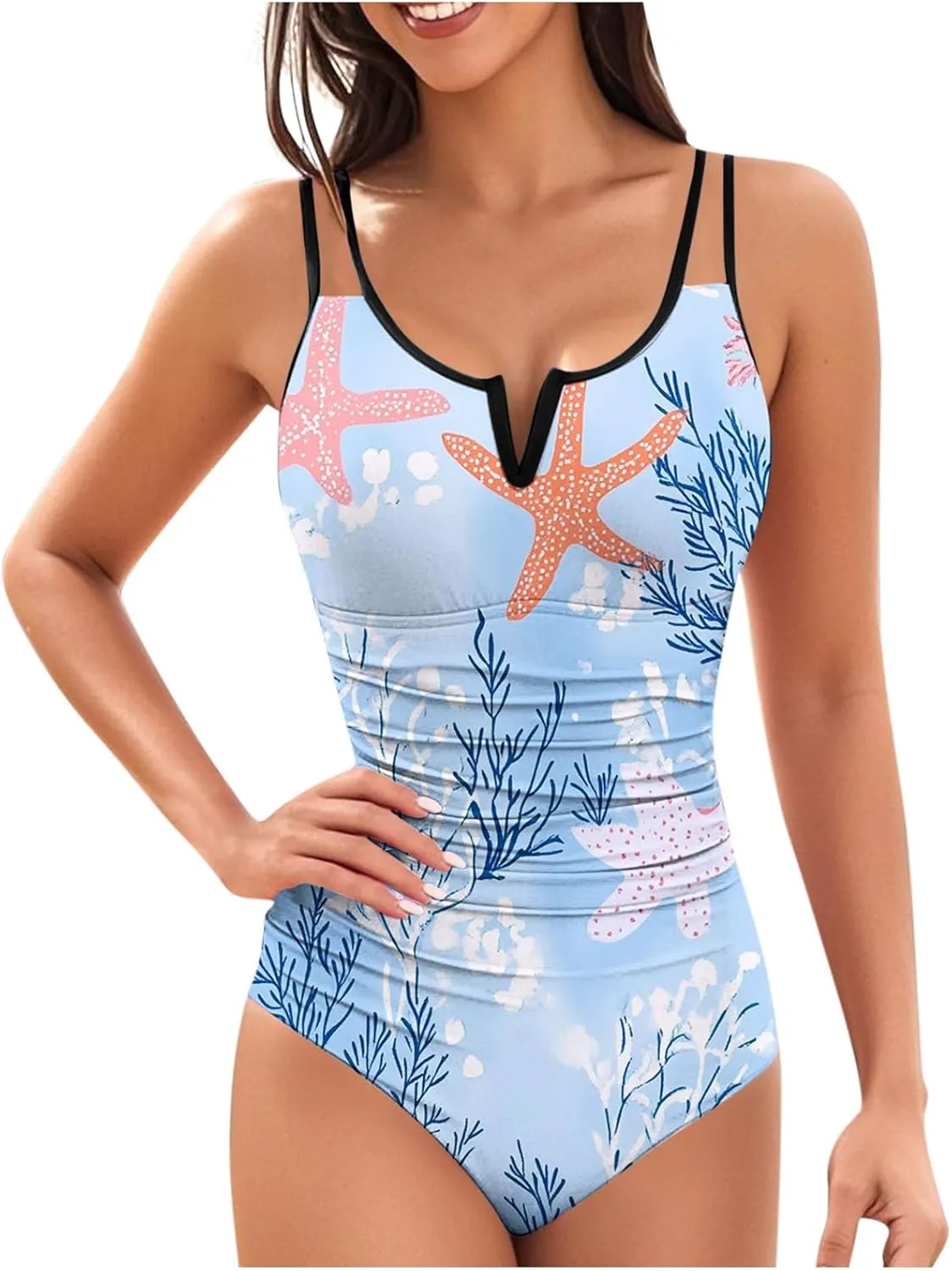 Womens Swimsuits One Piece Tummy Control Bathing Suit Notch V Neck Modest Monokini Full Coverage Ruched Swimwear 2025
