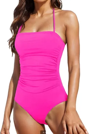 Women's Swimsuits One Piece Tummy Control Bathing Suits for Women Square Neck Backless Ruched Swimwear