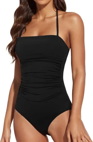 Women's Swimsuits One Piece Tummy Control Bathing Suits for Women Square Neck Backless Ruched Swimwear