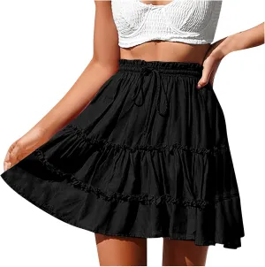 Women's Tiered Mini Skirts Elastic Ruffle Hem Beach Skirt Drawstring Stretch Flowy Pleated Boho Skirts