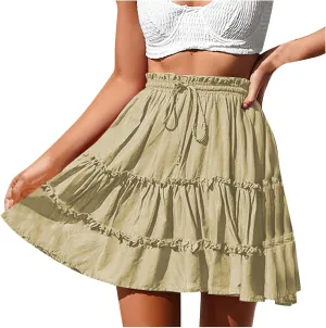 Women's Tiered Mini Skirts Elastic Ruffle Hem Beach Skirt Drawstring Stretch Flowy Pleated Boho Skirts