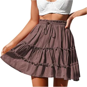 Women's Tiered Mini Skirts Elastic Ruffle Hem Beach Skirt Drawstring Stretch Flowy Pleated Boho Skirts