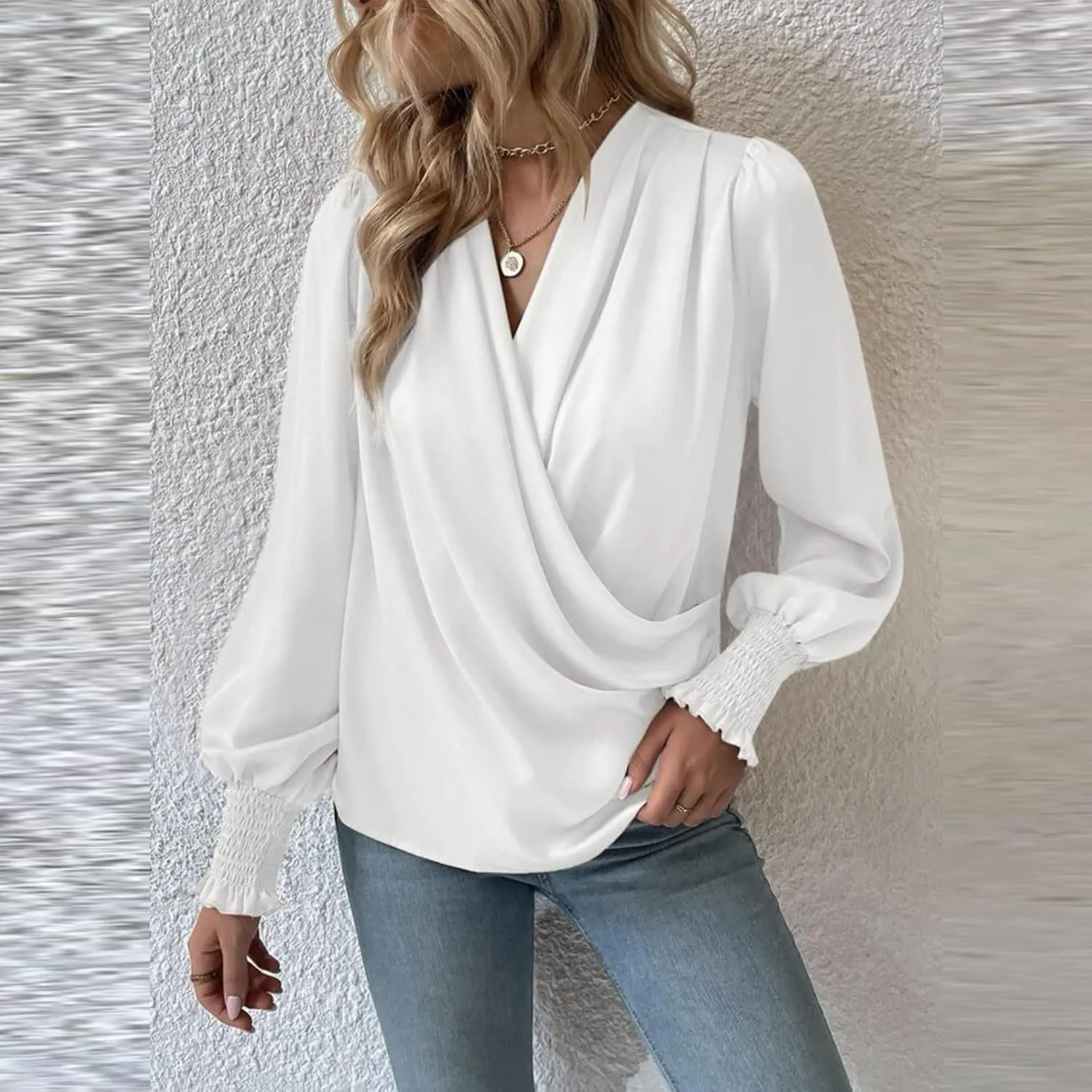 Women's Tops Elegant Criss Cross V-neck Lantern Long Sleeve Shirts Fall Casual Loose Fit Chiffon Blouse for Ladies
