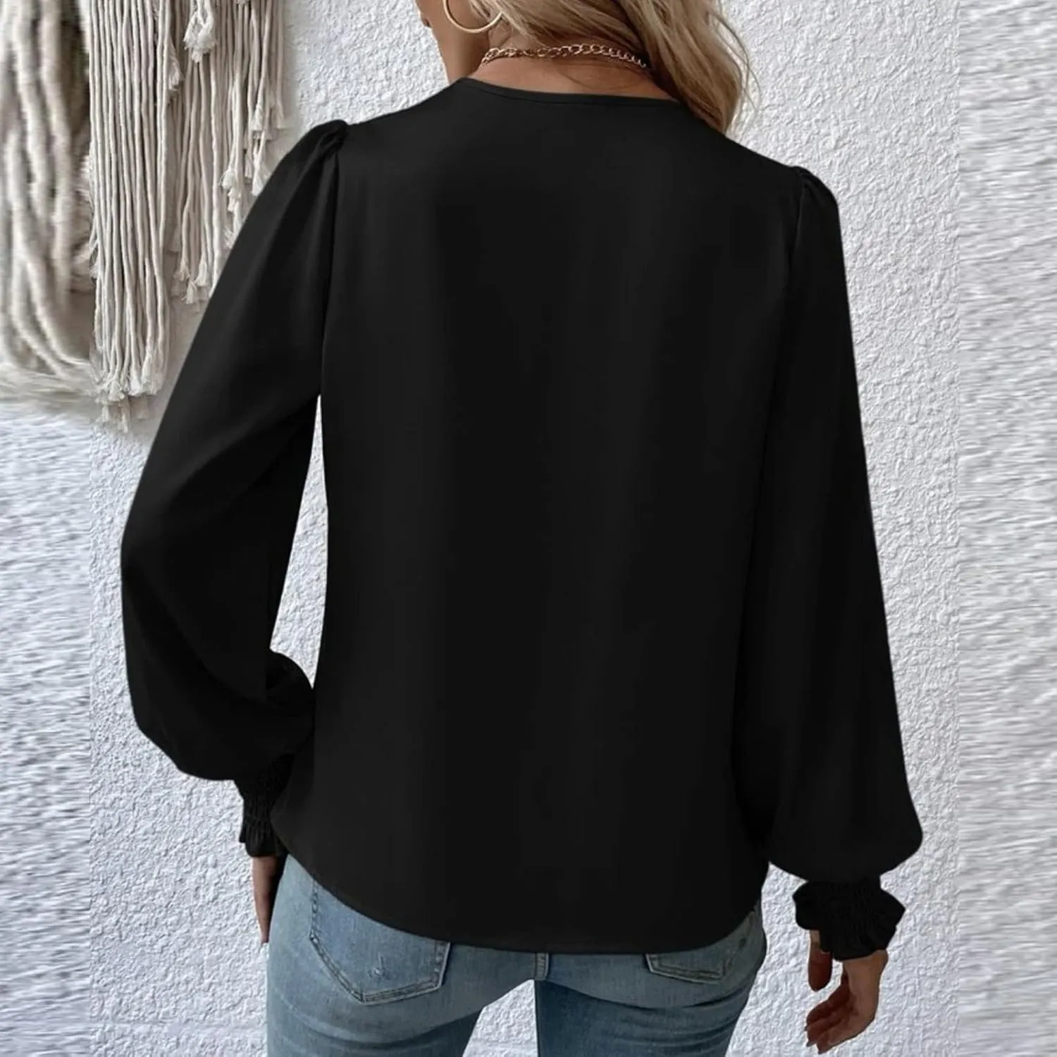 Women's Tops Elegant Criss Cross V-neck Lantern Long Sleeve Shirts Fall Casual Loose Fit Chiffon Blouse for Ladies