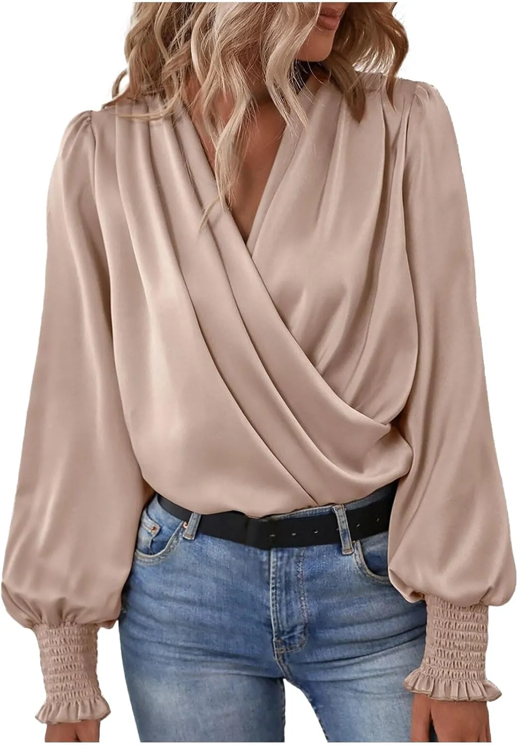 Women's Tops Elegant Criss Cross V-neck Lantern Long Sleeve Shirts Fall Casual Loose Fit Chiffon Blouse for Ladies
