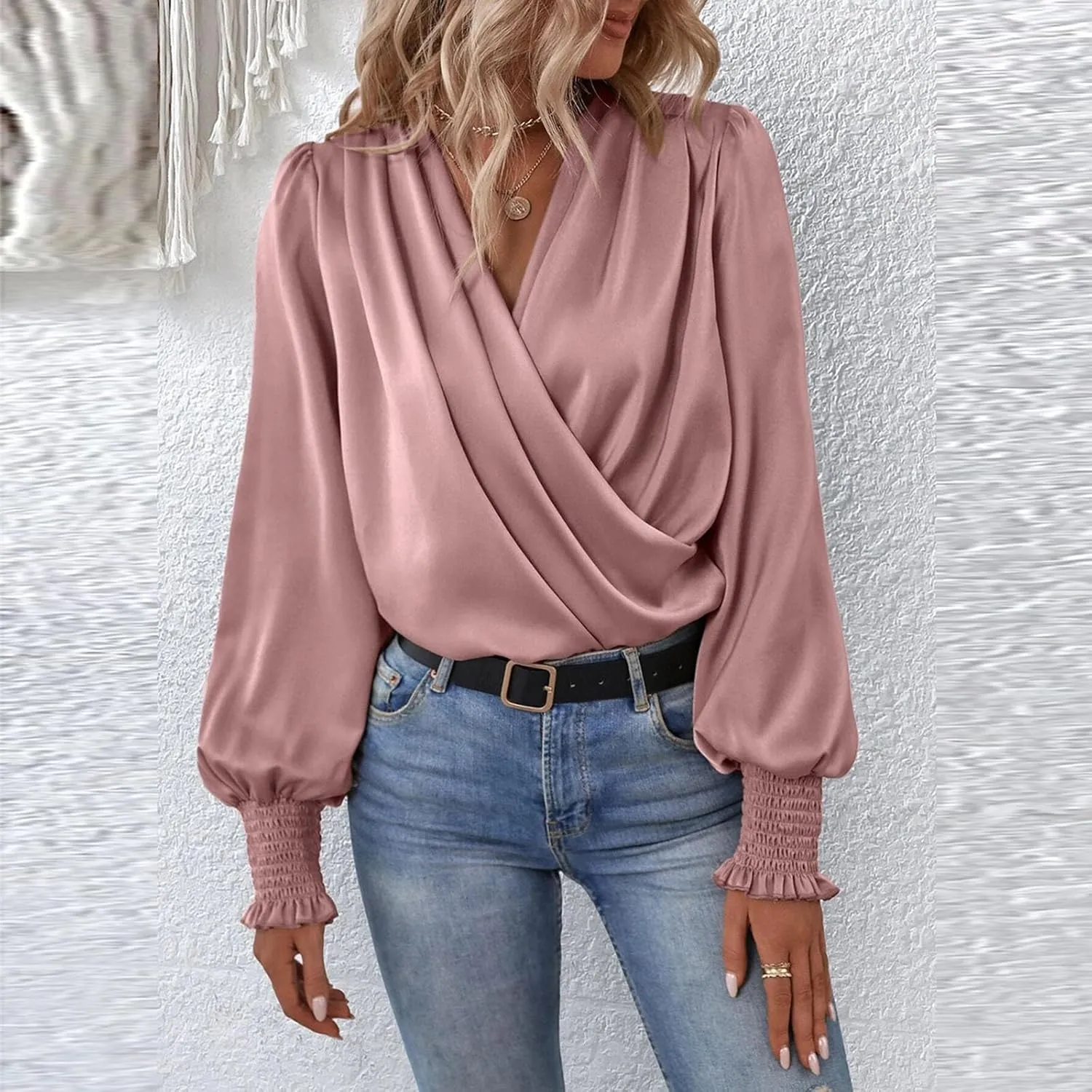 Women's Tops Elegant Criss Cross V-neck Lantern Long Sleeve Shirts Fall Casual Loose Fit Chiffon Blouse for Ladies