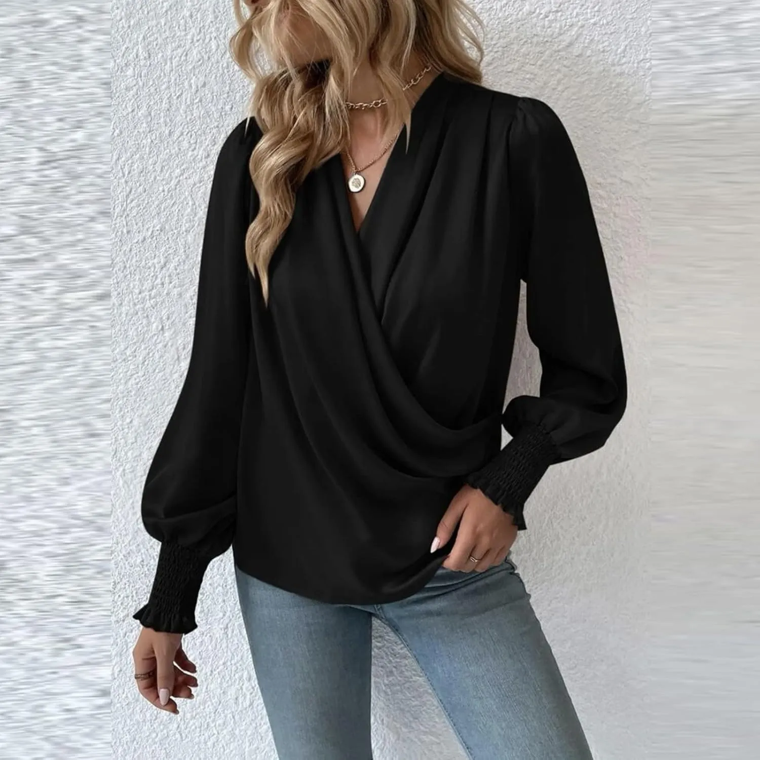 Women's Tops Elegant Criss Cross V-neck Lantern Long Sleeve Shirts Fall Casual Loose Fit Chiffon Blouse for Ladies
