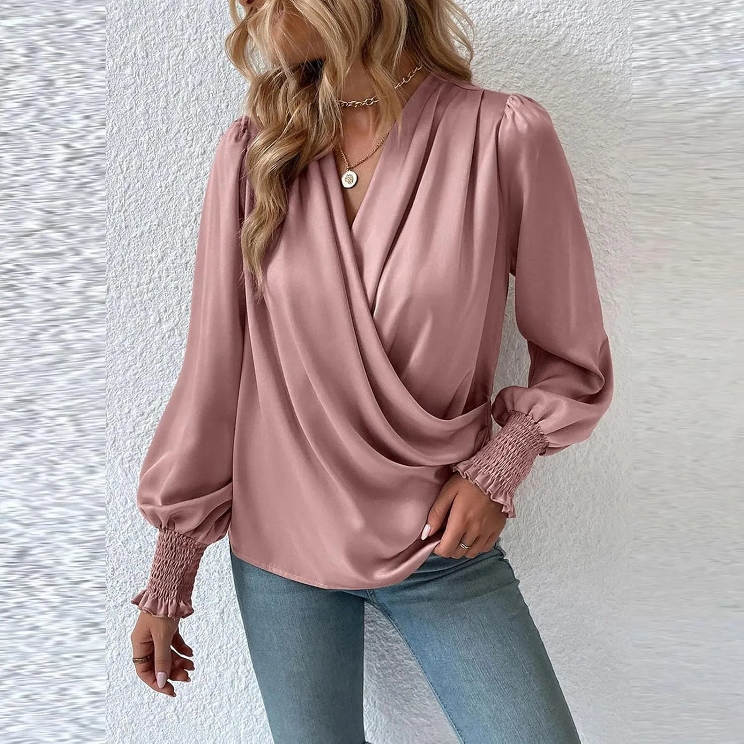 Women's Tops Elegant Criss Cross V-neck Lantern Long Sleeve Shirts Fall Casual Loose Fit Chiffon Blouse for Ladies