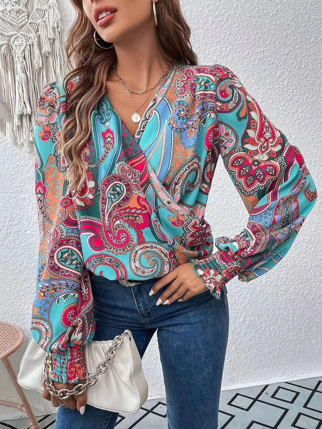 Women's Tops Elegant Criss Cross V-neck Lantern Long Sleeve Shirts Fall Casual Loose Fit Chiffon Blouse for Ladies