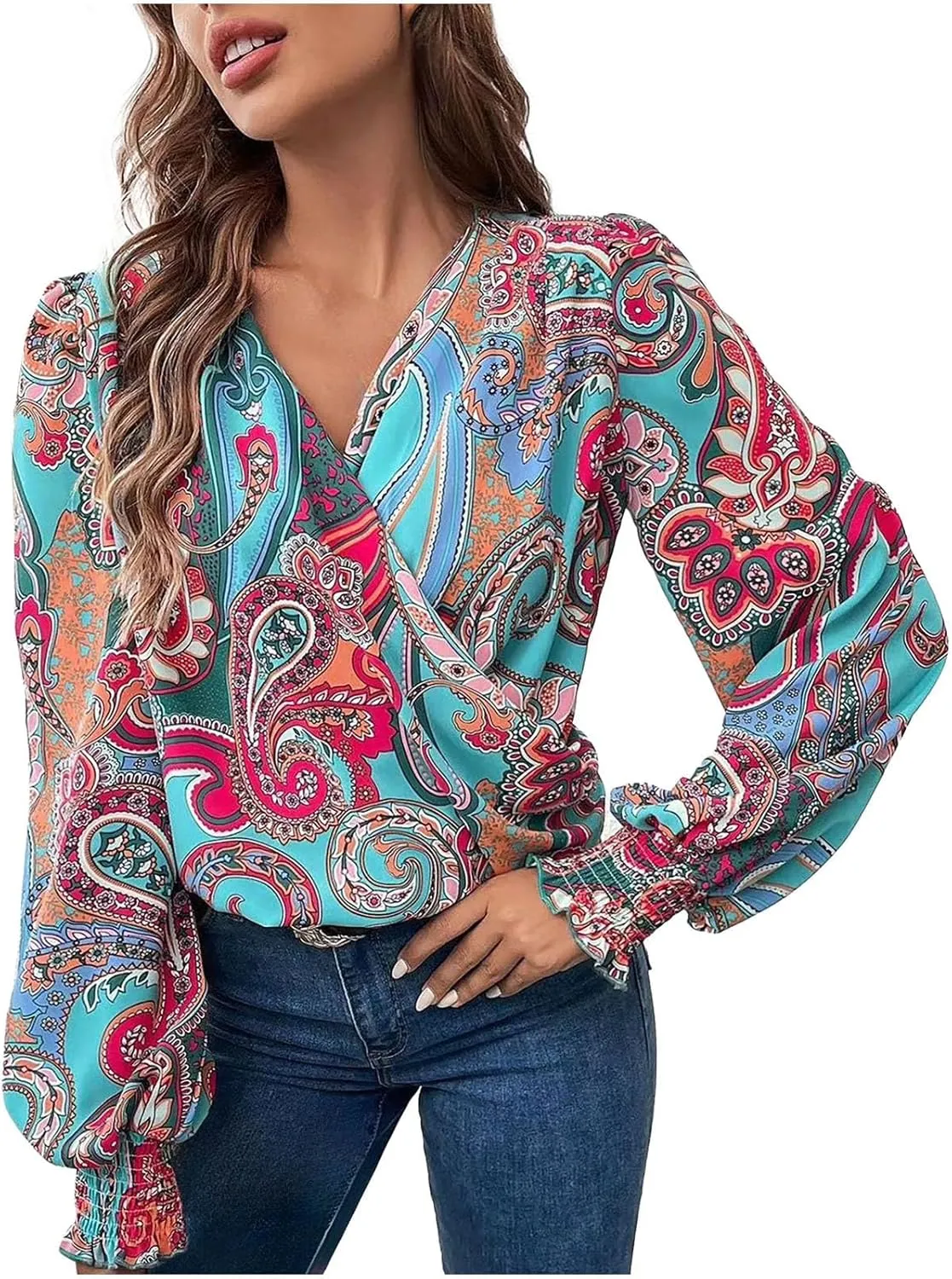 Women's Tops Elegant Criss Cross V-neck Lantern Long Sleeve Shirts Fall Casual Loose Fit Chiffon Blouse for Ladies