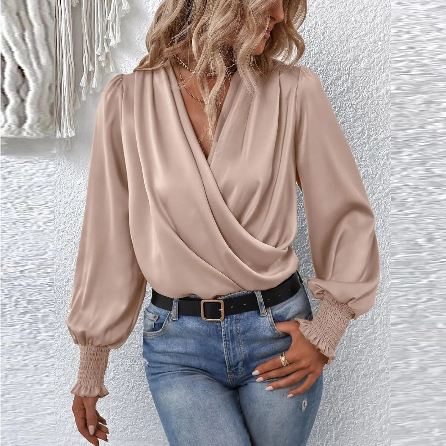 Women's Tops Elegant Criss Cross V-neck Lantern Long Sleeve Shirts Fall Casual Loose Fit Chiffon Blouse for Ladies