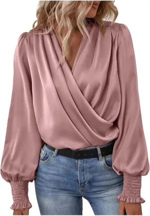 Women's Tops Elegant Criss Cross V-neck Lantern Long Sleeve Shirts Fall Casual Loose Fit Chiffon Blouse for Ladies