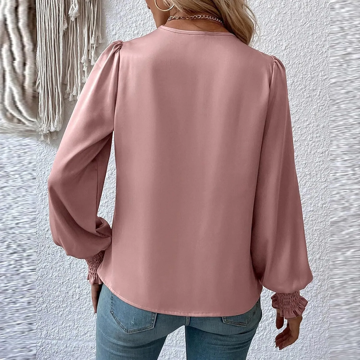 Women's Tops Elegant Criss Cross V-neck Lantern Long Sleeve Shirts Fall Casual Loose Fit Chiffon Blouse for Ladies