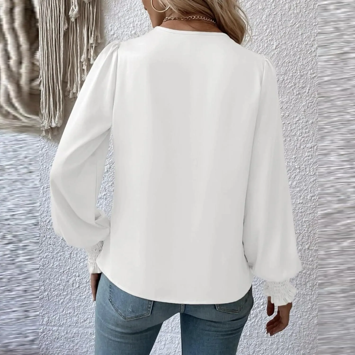 Women's Tops Elegant Criss Cross V-neck Lantern Long Sleeve Shirts Fall Casual Loose Fit Chiffon Blouse for Ladies